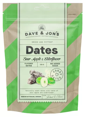 Dave & Jon's dates mag nélküli ízesített datolya savanyú alma és bodzavirág ízben, hozzáadott cukor nélkül 125 g