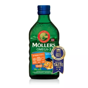   Möllers omega-3 halolaj étrend-kiegészítő a, d és e-vitaminnal, tutti-frutti ízesítéssel 250 ml