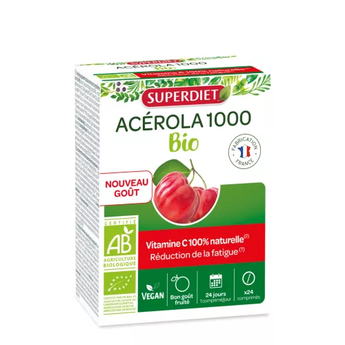 Superdiet acerola 1000mg, 100%-ban természetes c-vitamin 170mg gyümölcs ízű vegán rágótabletta 24 db