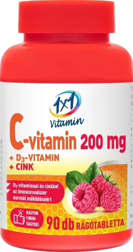 1x1 c-vitamin 200mg d3+cink málnás rágótabletta 90 db