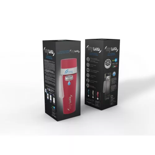 myLAICA rozsdamentes matt zöldre festett fast disk rendszerű vízszűrő kulacs pánttal, 0,55 literes