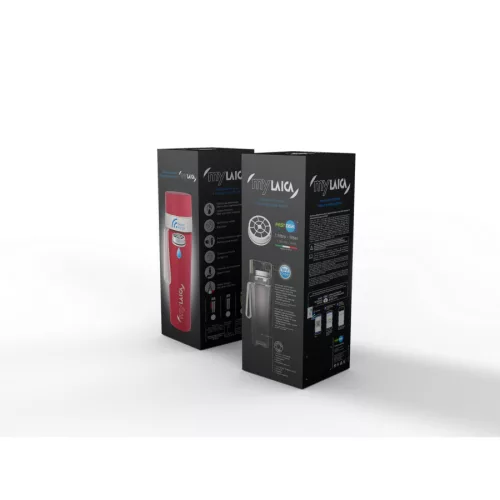 myLAICA rozsdamentes matt zöldre festett fast disk rendszerű vízszűrő kulacs pánttal, 0,55 literes